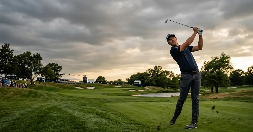 Akshay Bhatia focused on the golf course, highlighting his rising PGA Tour golf scores and rankings.