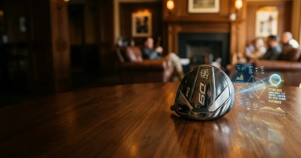 Golf clubs and AI interface overlay highlighting Wilson's potential impact on PGA Tour club fitting technology