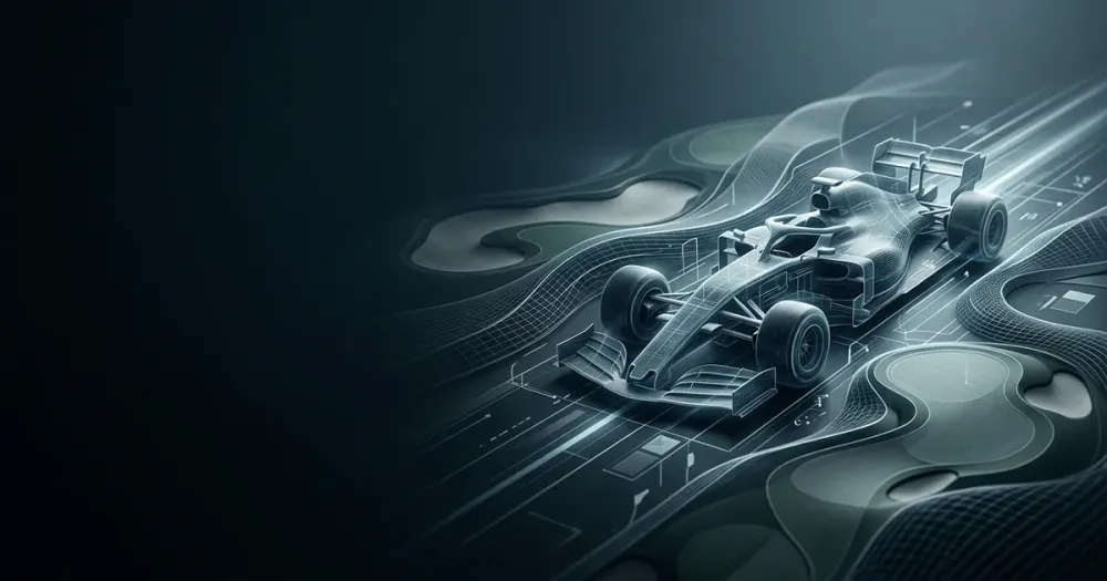 Illustration of a golf ball on a tee with Formula 1 cars racing in the background highlighting 2026 rules impact