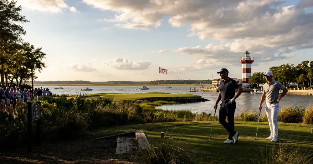 2026 RBC Heritage Sunday tee times highlighting Fitzpatrick and Scheffler in a golf duel on a lush course.