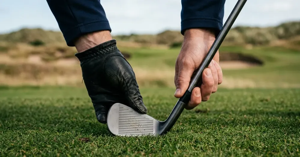 Close-up of Bryson DeChambeau’s hands gripping prototype irons with steel shafts and unique clubheads on Royal Birkdale turf.