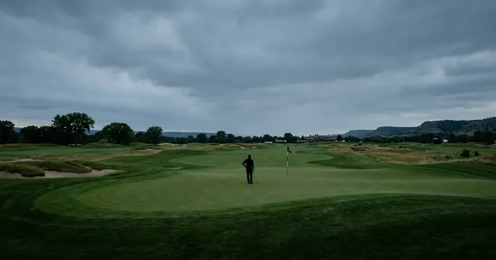 Wide cinematic PGA Tour fairway under vast sky with tiny lone golfer silhouette symbolizing Rory McIlroy’s reflection on L...