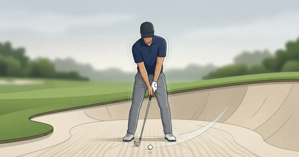 Minimalist illustration of a golfer’s bunker shot setup and drill, showing technique steps and confidence-building cues in...